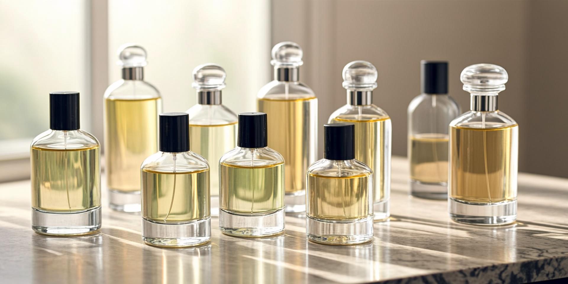 Artisanal fragrance bottles displayed with natural lighting